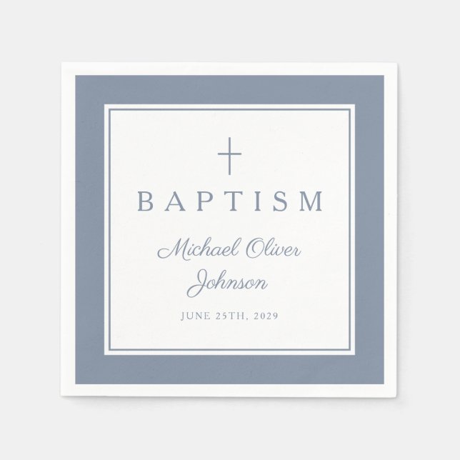 Serviette En Papier Modern Dusty Blue Religius Cross Boy Baptism (Devant)