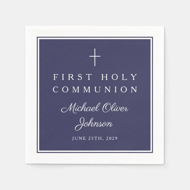 Serviette En Papier Modern Navy Blue Religious Boy First Communion (Devant)