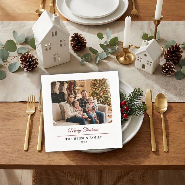 Serviette En Papier Modern Personalized Family Photo Merry Christmas  (Créateur téléchargé)