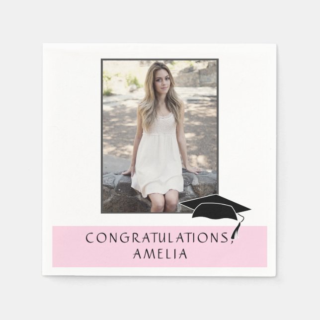 Serviette En Papier Modern Pink Félicitations Graduation Photo (Devant)