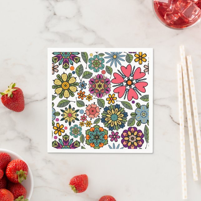 Serviette En Papier Modern Retro Floral Drawing Seamless Pattern Art  (En situation)
