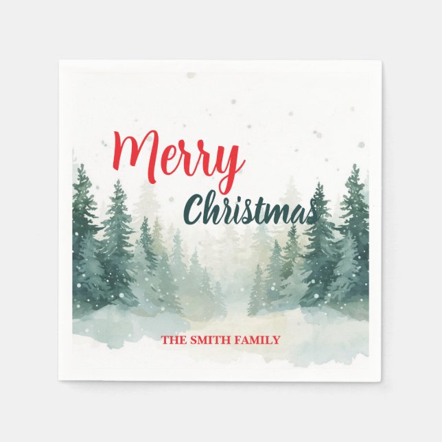 Serviette En Papier Modern Script Christmas Xmas winter pine tree fore (Devant)