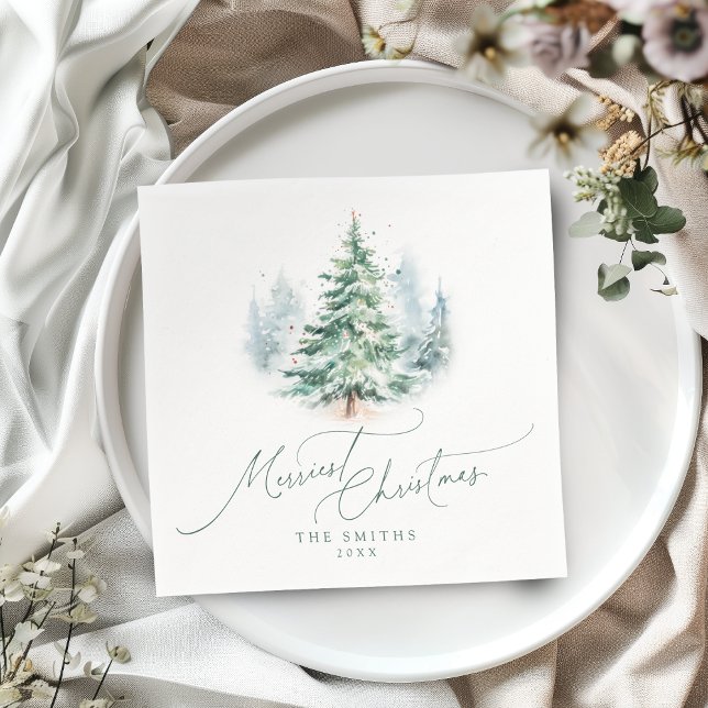 Serviette En Papier Modern Script Pine Tree Merriest Christmas (Modern Script Pine Tree Merriest Christmas Napkins)