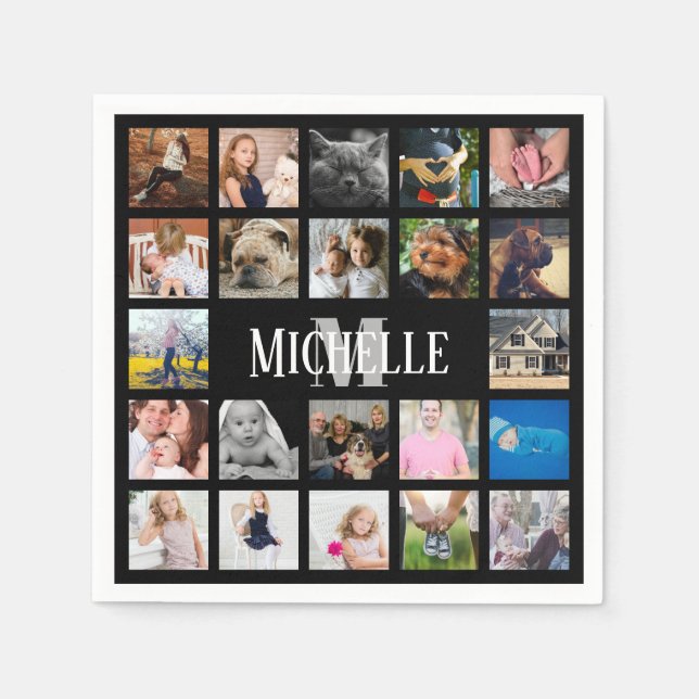 Serviette En Papier Modern Trendy 22 Family Photo Collage & Nom (Devant)