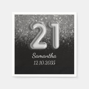 Serviette En Papier Moderne Anniversaire 21 ans Paillettes Noir & Arge