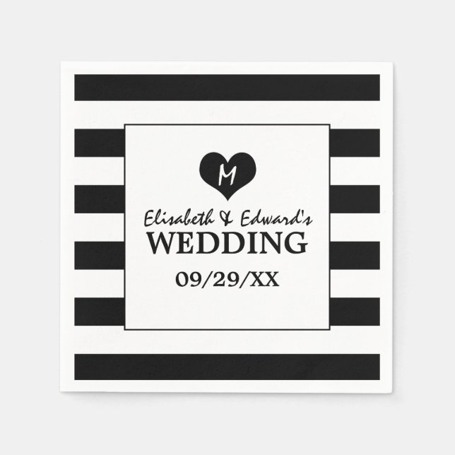 Serviette En Papier Moderne Chic Mariage noir et blanc (Devant)