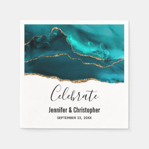 Serviette En Papier Moderne Design Turquoise & Or Agate sur blanc