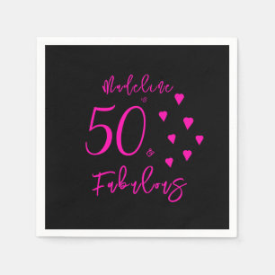 Serviette En Papier Moderne Elégant Black Hot Pink Coeurs 50e annivers
