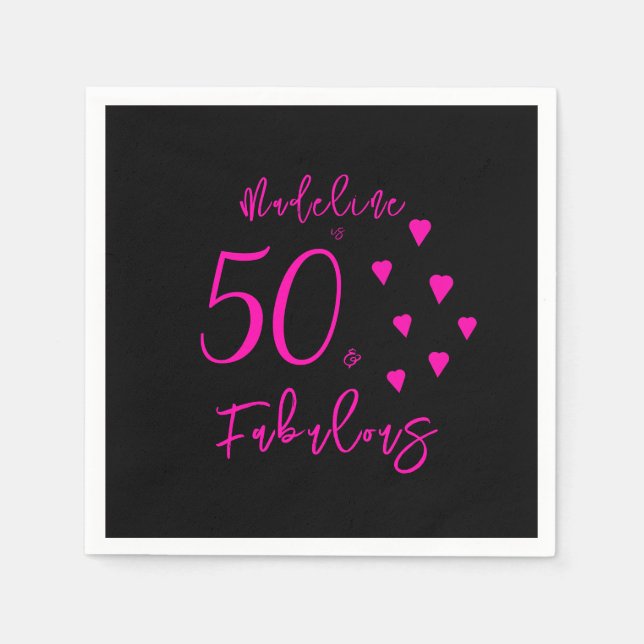 Serviette En Papier Moderne Elégant Black Hot Pink Coeurs 50e annivers (Devant)