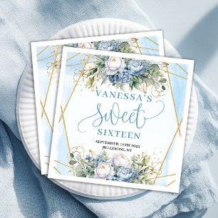 Serviette En Papier Moderne fête de 16 ans avec cadre doré bleu poussi