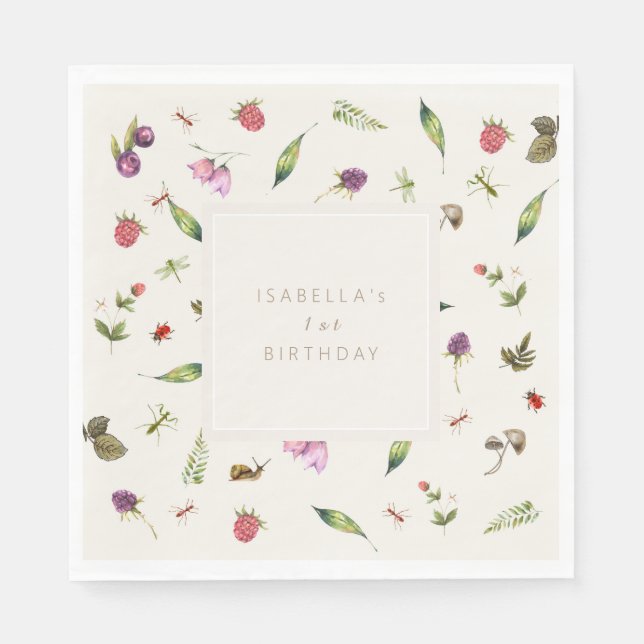 Serviette En Papier Moderne Floral Anniversaire Verdure Berries Insect (Devant)