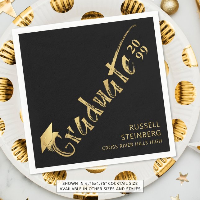 Serviette En Papier Moderne Graduate Gold Brushstroke Nom Noir (Créateur téléchargé)