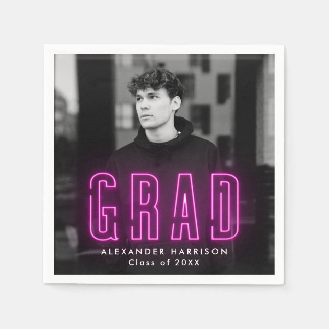 Serviette En Papier Moderne Magenta Neon Photo Graduation (Devant)