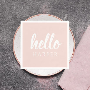 Serviette En Papier Moderne Minimal Pastel Rose Bonjour Et Vous Nom
