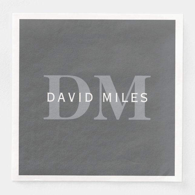 Serviette En Papier Moderne Monogramme & Nom Élégant Gris Foncé (Devant)