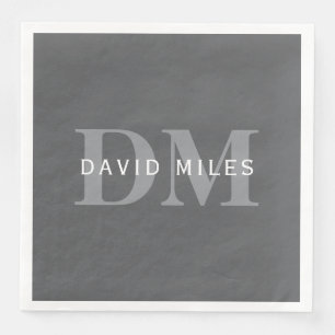 Serviette En Papier Moderne Monogramme & Nom Gris Foncé Élégant