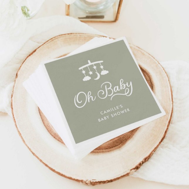 Serviette En Papier Moderne Oh Baby shower Sage Vert (Sage Green Oh Baby Shower Paper Napkins)