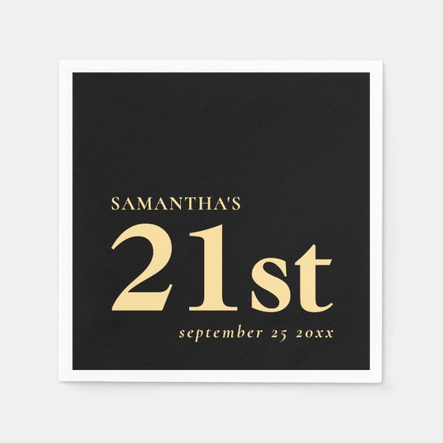 Serviette En Papier Moderne personnalisé Black Gold 21ème Nom Date (Devant)