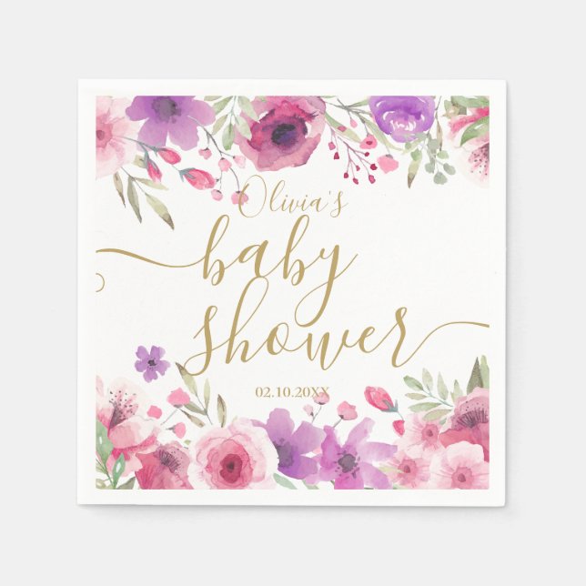 Serviette En Papier Moderne rose floral verdure bébé fille douche (Devant)