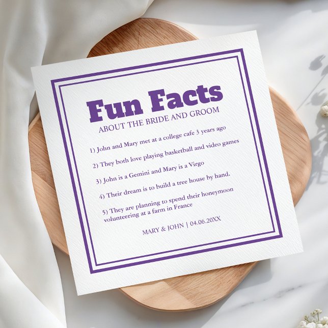 Serviette En Papier Moderne Simple Minimal Purple Fun Facts Mariage (Créateur téléchargé)