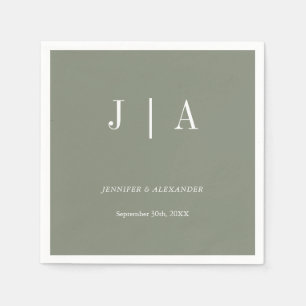 Serviette En Papier Moderne simple Monogramme Sage Vert Mariage blanc