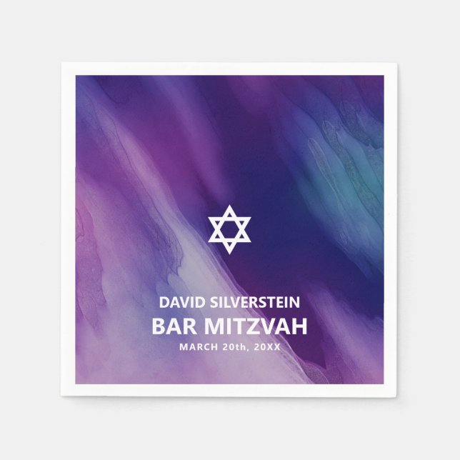 Serviette En Papier Moderne violet bleu étoile David Bar Mitzvah hébre (Devant)