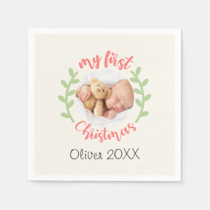 Serviette En Papier Mon 1er Noël Baby Name PHOTO Wreath Holiday