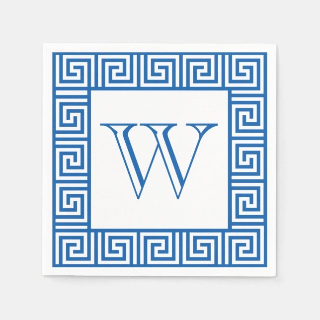 Serviette En Papier Monogram Blue & White Style grec clé style papier  (Devant)