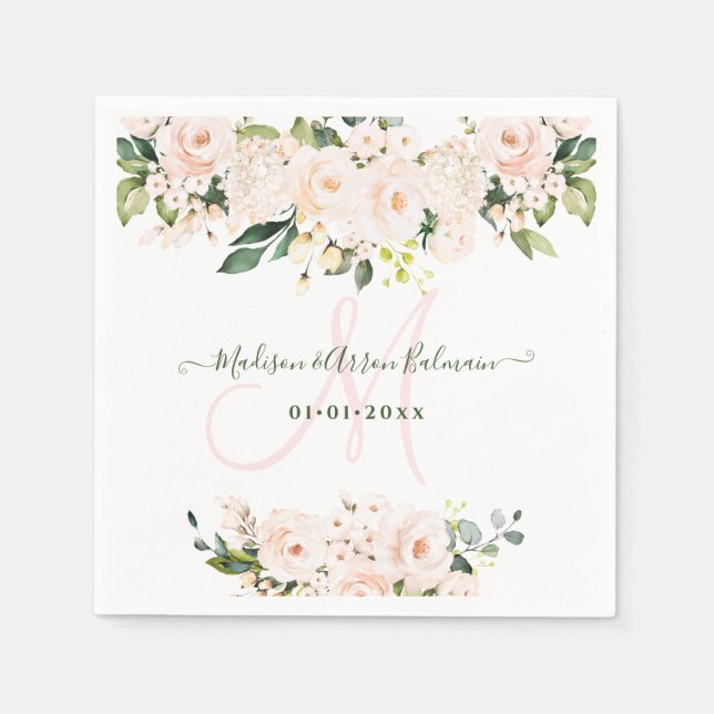 Serviette En Papier Monogram Blush Rose Roses Eucalyptus N'Importe Que (Devant)