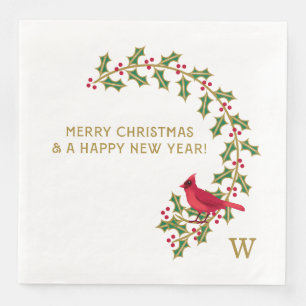 Serviette En Papier Monogram Christmas Holly et Berries Papier Napkin
