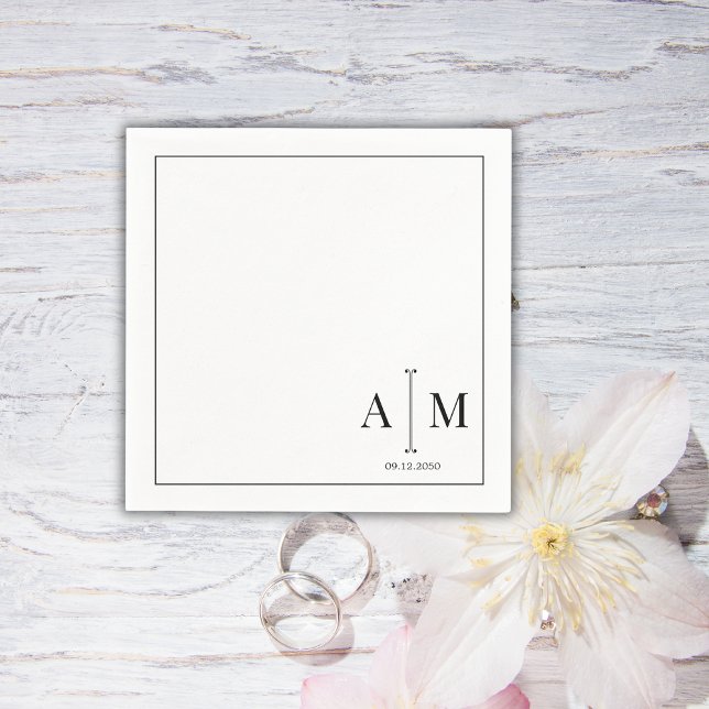 Serviette En Papier  Monogram Couple Date Simple Border Wedding (Créateur téléchargé)