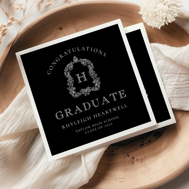 Serviette En Papier Monogram Crest Black and White Graduation Party (Créateur téléchargé)