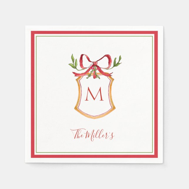 Serviette En Papier Monogram Crest with red bow Holiday  (Devant)