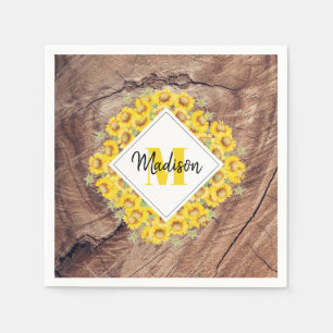Serviette En Papier Monogram de Rustic Sunflowers & Wood Texture