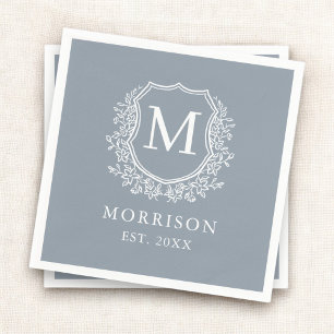 Serviette En Papier Monogram Dusty Blue Crête Botanique Mariage