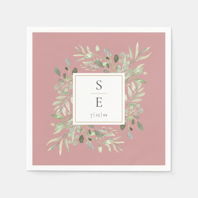 Serviette En Papier Monogram Dusty Rose Feuillage (Devant)