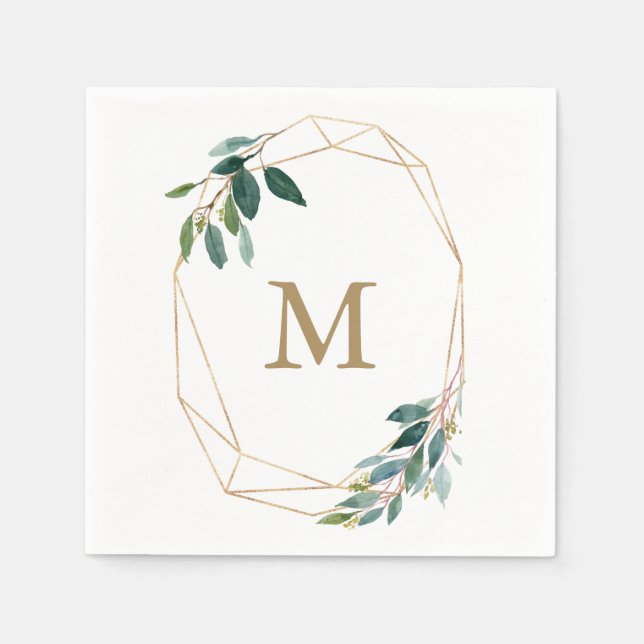 Serviette En Papier Monogram Mariage Napkin Gold Greenery (Devant)