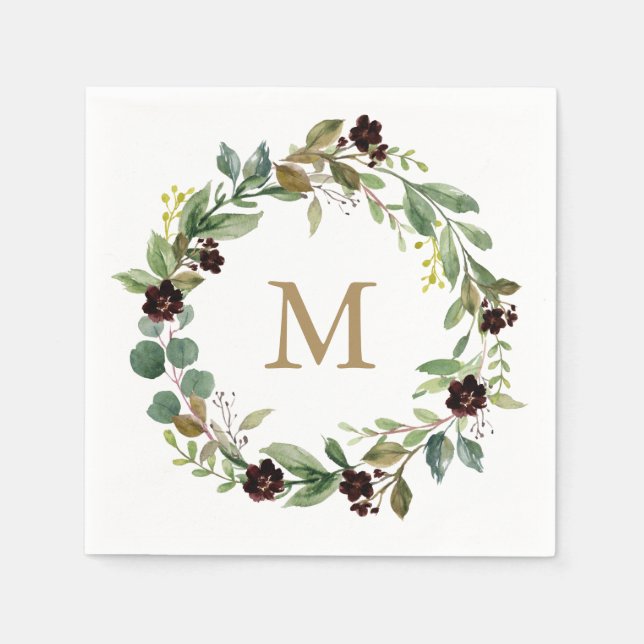 Serviette En Papier Monogram Mariage Napkin Greenery Napkin (Devant)