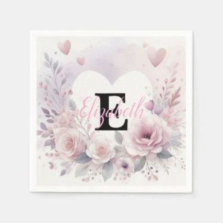 Serviette En Papier Monogram name floral hearts romantic watercolor