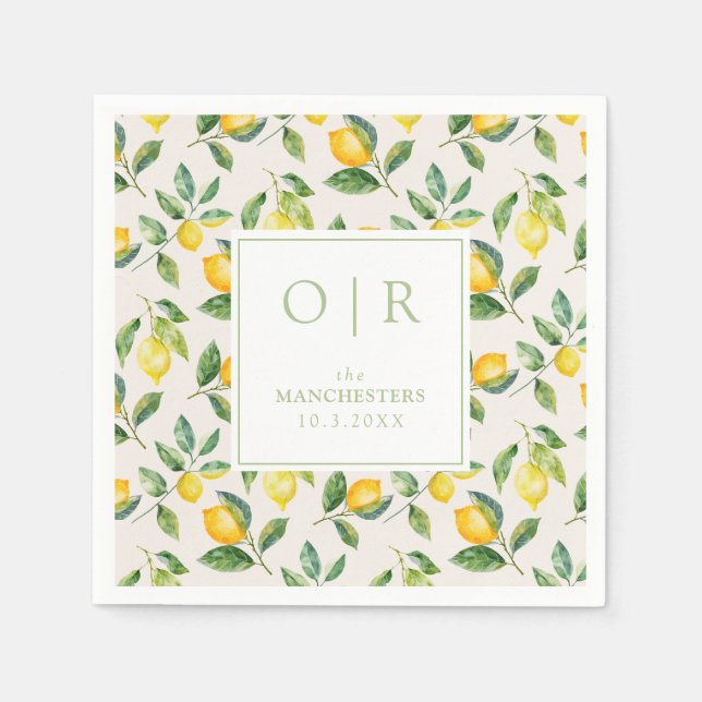 Serviette En Papier Monogram Watercolor Lemon Wedding (Devant)