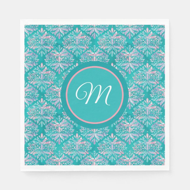 Serviette En Papier Monogramed Teal Pattern Napkins (Devant)