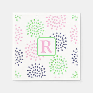 Serviette En Papier Monogramme aquarelle motif fleurs rose marine vert