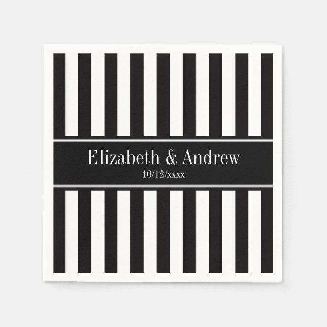 Serviette En Papier Monogramme blanc noir de nom de noir de rayure (Devant)