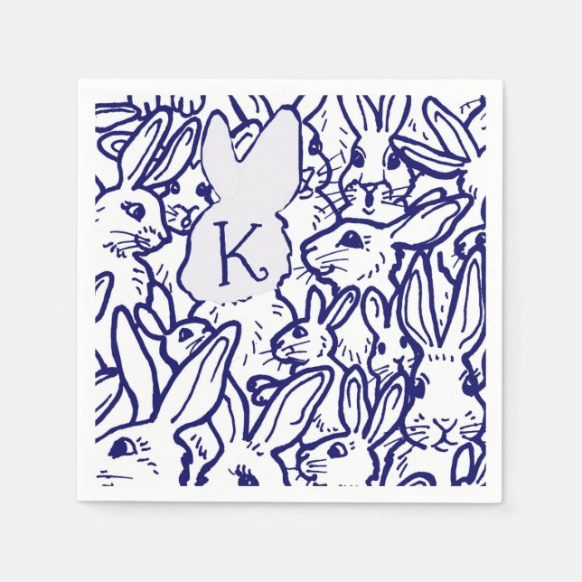 Serviette En Papier Monogramme Bleu Blanc Lapin Lapin Mignonne Unique (Devant)