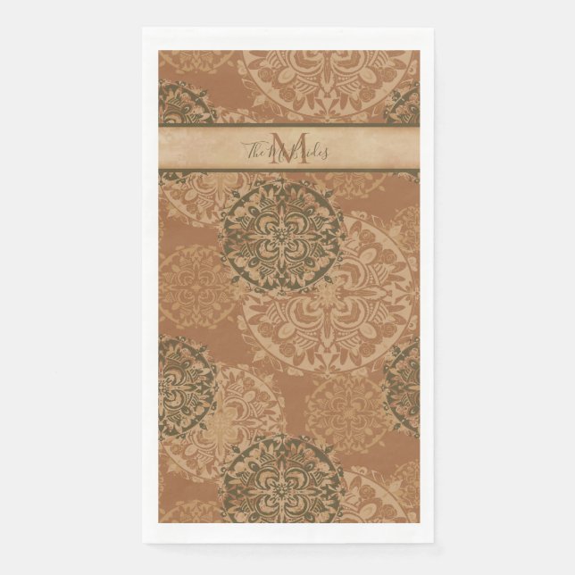 Serviette En Papier Monogramme Boho foncé rouille Mandalas (Devant)