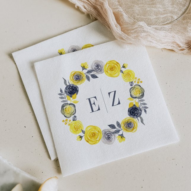 Serviette En Papier Monogramme Boho gris jaune Mariage de germes flora (Créateur téléchargé)