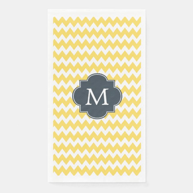 Serviette En Papier Monogramme Chevron jaune, blanc et charbon de bois (Devant)