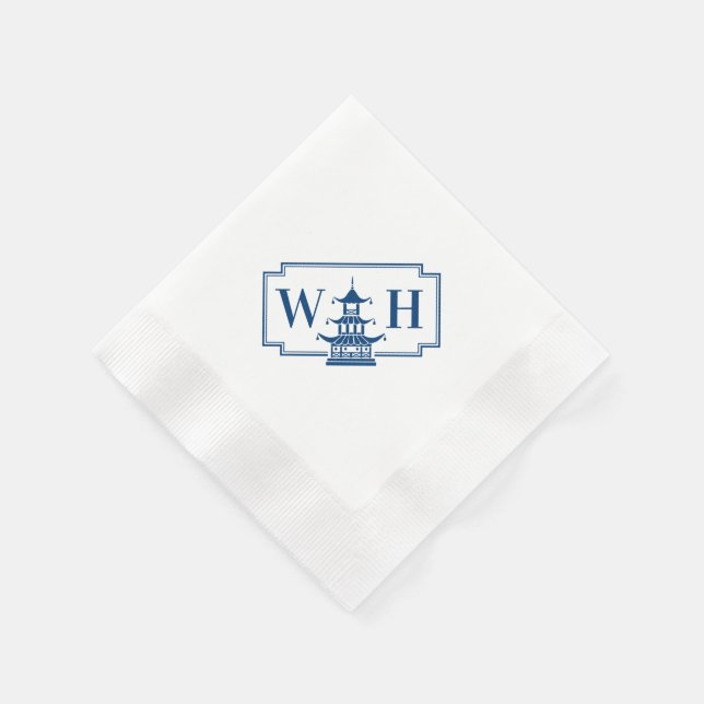 Serviette En Papier Monogramme Chinoiserie Pagode Diagonale Marine Nap (Coin)