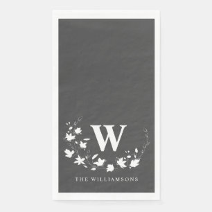 Serviette En Papier Monogramme classique Nom Black White Floral Wreath