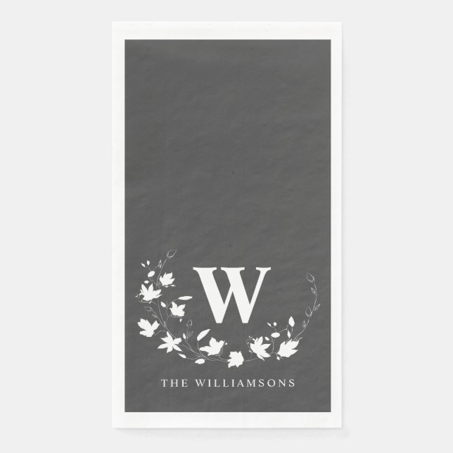 Serviette En Papier Monogramme classique Nom Black White Floral Wreath (Devant)